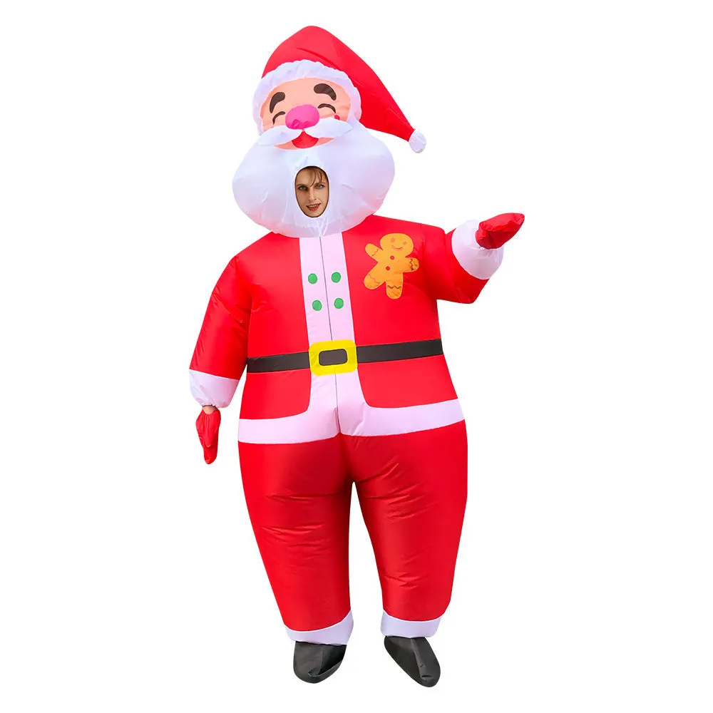 Christmas inflatable costume suit for adults showing cloth construction with fan and battery box