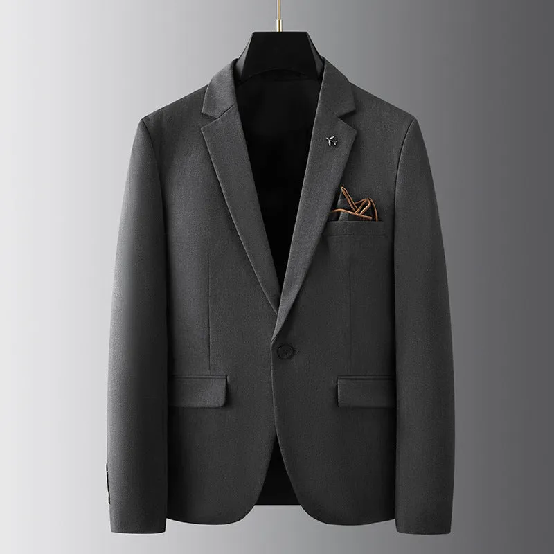 Men's slim fit casual suit set in gray, polyester-viscose fabric, for business formal wear