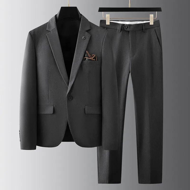 Men's slim fit casual suit set in gray, polyester-viscose fabric, for business formal wear