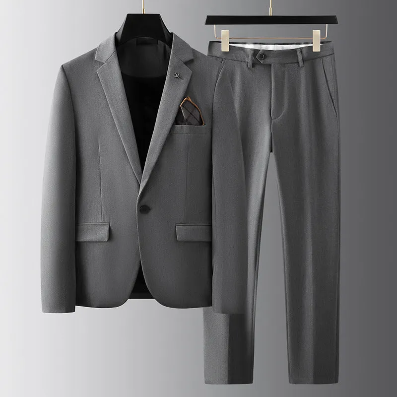 Men's slim fit casual suit set in gray, polyester-viscose fabric, for business formal wear