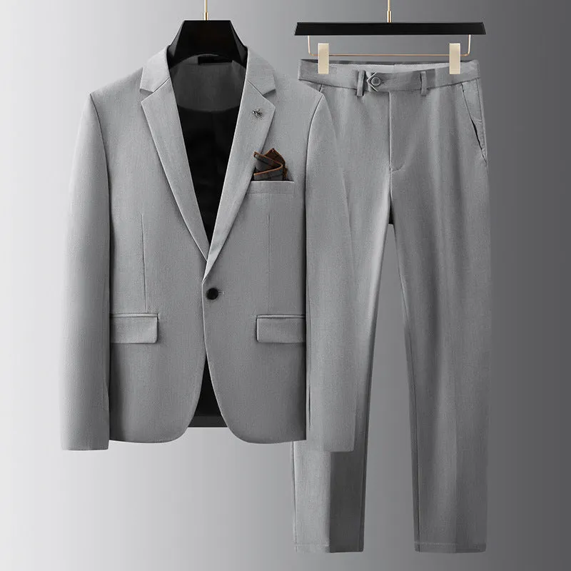 Men's slim fit casual suit set in gray, polyester-viscose fabric, for business formal wear