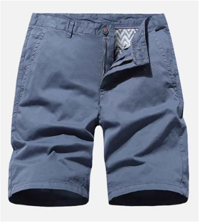 Men's blue denim shorts with elasticated waistband and straight loose leg.
