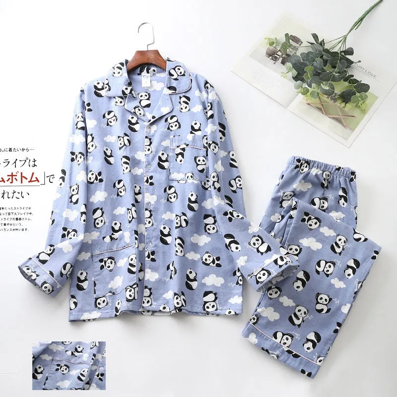 Men's cotton printed long-sleeved pyjama set with cardigan top and trousers in black and white grid