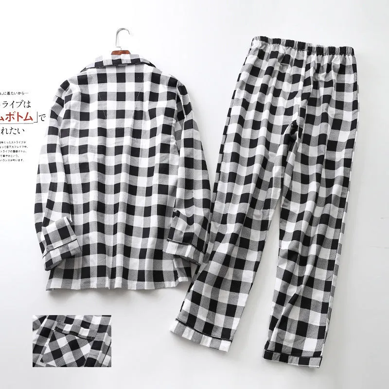Men's cotton printed long-sleeved pyjama set with cardigan top and trousers in black and white grid