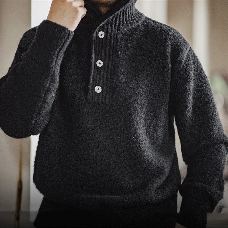 Men's thick black thermal hoodie sweater with lapel collar and long sleeves on a plain background