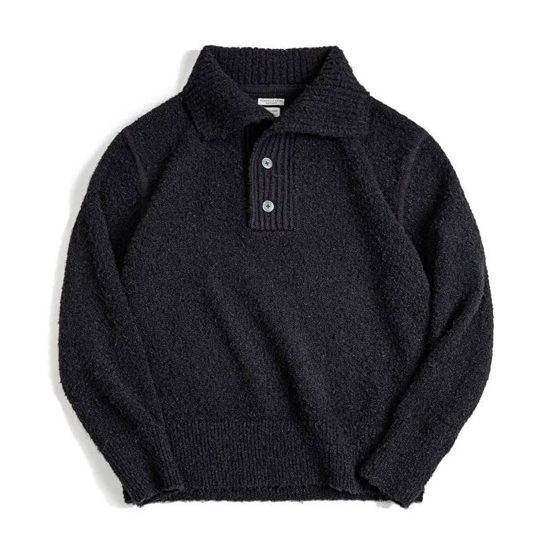 Men's thick black thermal hoodie sweater with lapel collar and long sleeves on a plain background