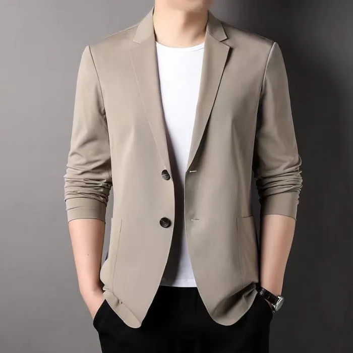 Men's slim-fit polyester business blazer in black with two-button closure, lightweight construction, size M to 7XL