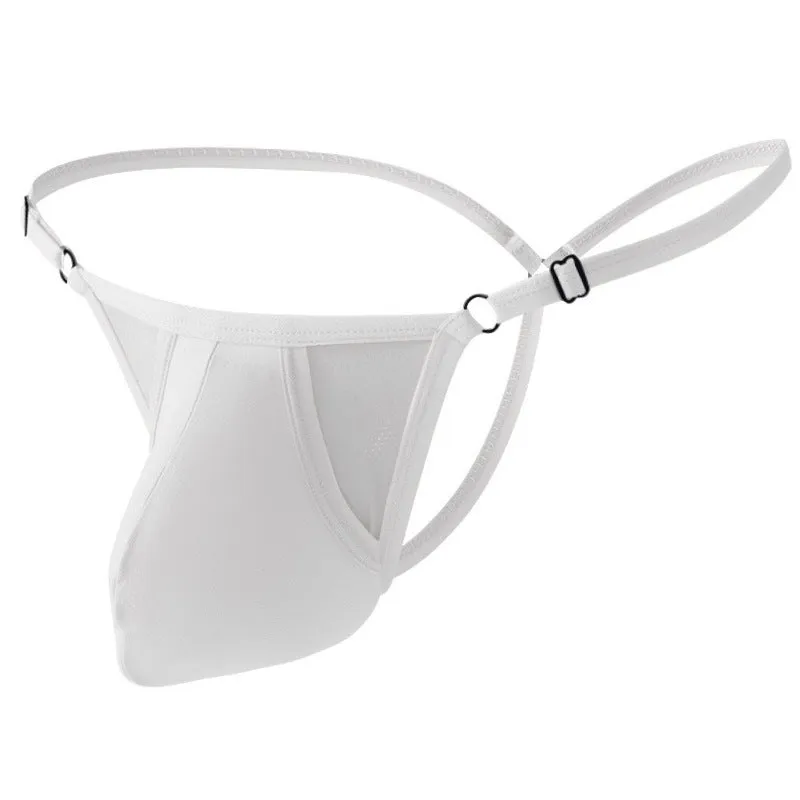 Men's ice silk T-back underwear in geometric pattern, showing thin adjustable straps and low-waist fit.