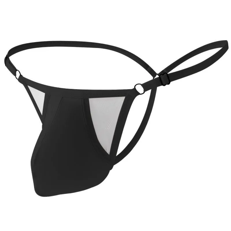 Men's ice silk T-back underwear in geometric pattern, showing thin adjustable straps and low-waist fit.