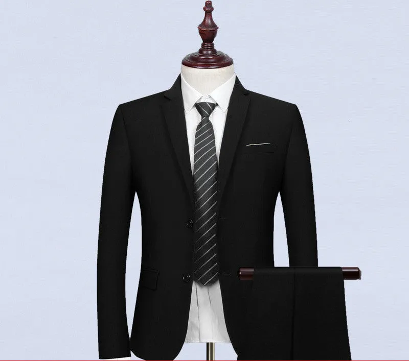 Men's slim fit black business suit set with waistcoat, shirt, and trousers, flat collar, back slit, acetate fibre blend