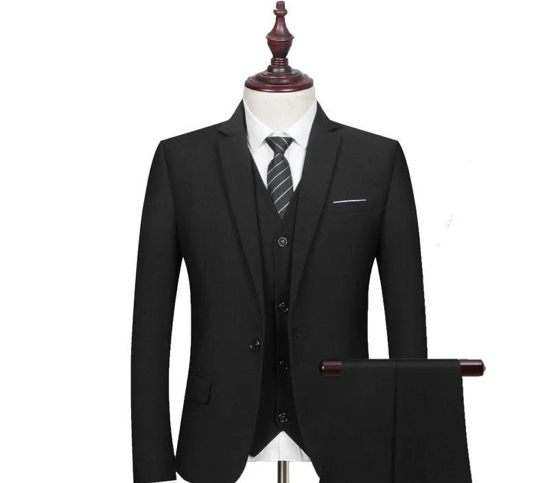 Men's slim fit black business suit set with waistcoat, shirt, and trousers, flat collar, back slit, acetate fibre blend
