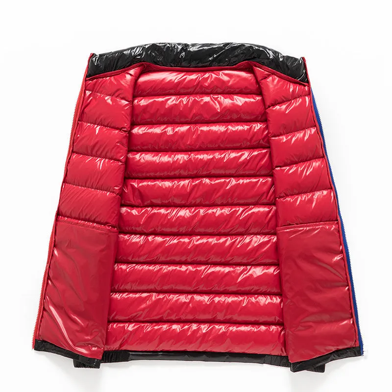 Men's thick white goose down vest in solid colour, oblique pocket design, available in black and navy blue, sizes M to 4XL
