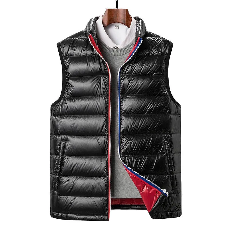 Men's thick white goose down vest in solid colour, oblique pocket design, available in black and navy blue, sizes M to 4XL