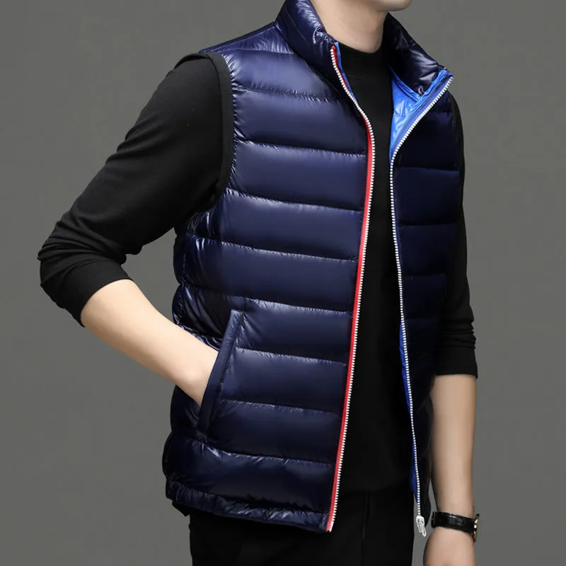 Men's thick white goose down vest in solid colour, oblique pocket design, available in black and navy blue, sizes M to 4XL