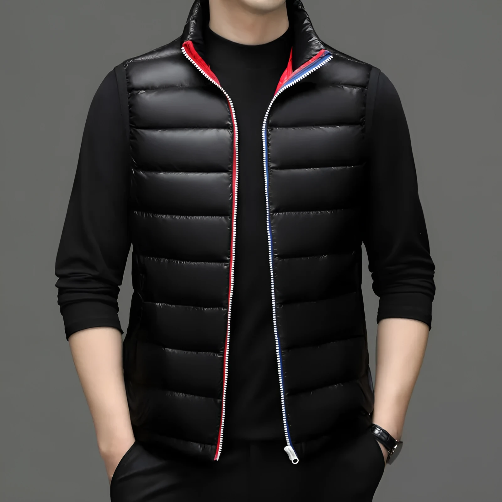 Men's thick white goose down vest in solid colour, oblique pocket design, available in black and navy blue, sizes M to 4XL