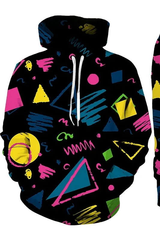 Men's 3D printed sports hoodie set with matching loose fit pants in black, front view