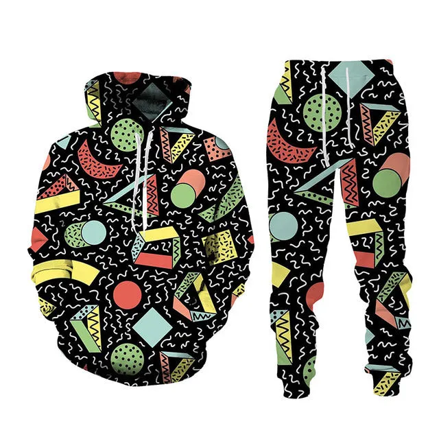 Men's 3D printed sports hoodie set with matching loose fit pants in black, front view