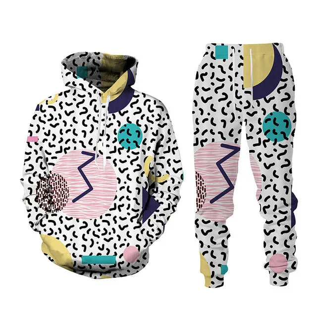 Men's 3D printed sports hoodie set with matching loose fit pants in black, front view