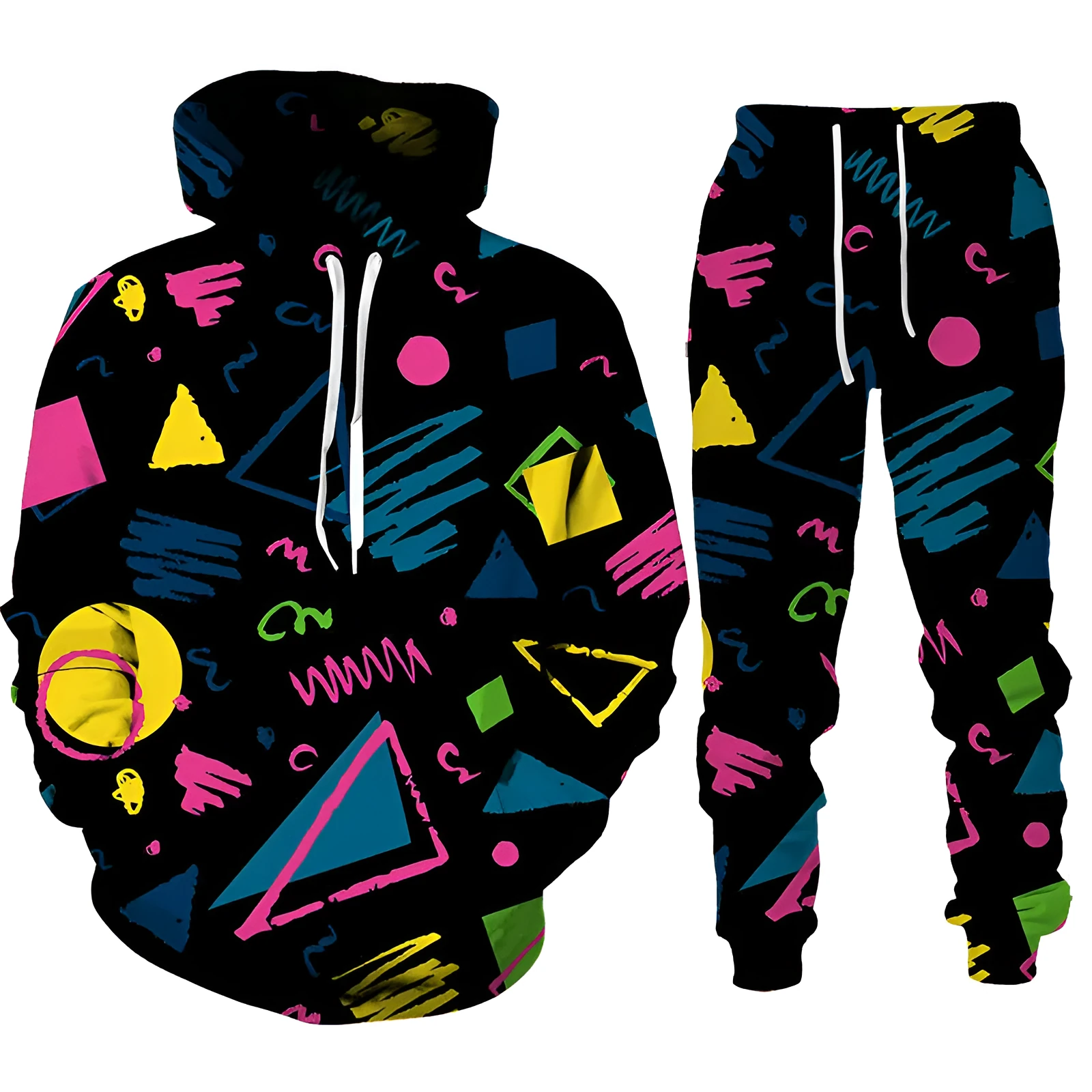 Men's 3D printed sports hoodie set with matching loose fit pants in black, front view