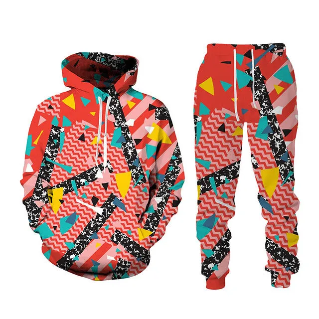 Men's 3D printed sports hoodie set with matching loose fit pants in black, front view
