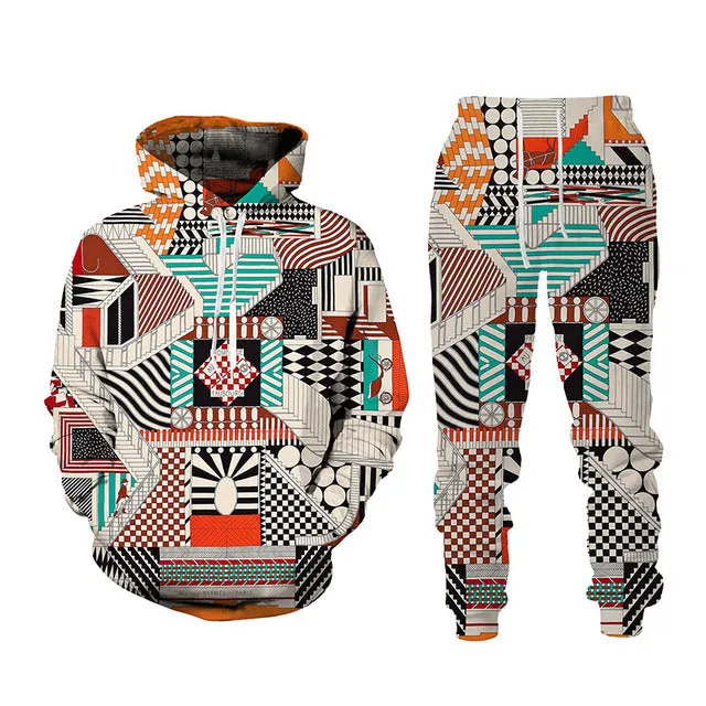 Men's 3D printed sports hoodie set with matching loose fit pants in black, front view