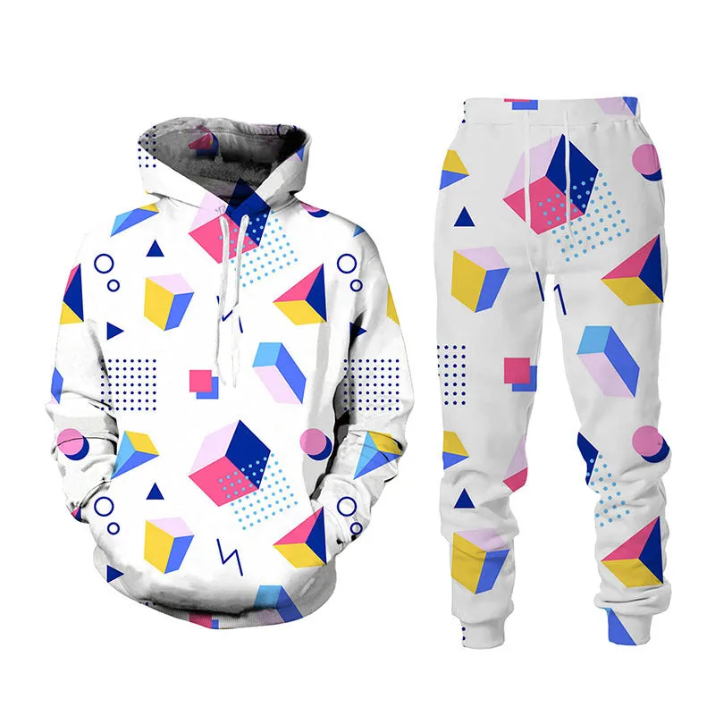 Men's 3D printed sports hoodie set with matching loose fit pants in black, front view