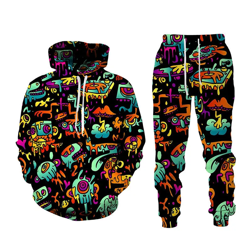Men's 3D printed sports hoodie set with matching loose fit pants in black, front view