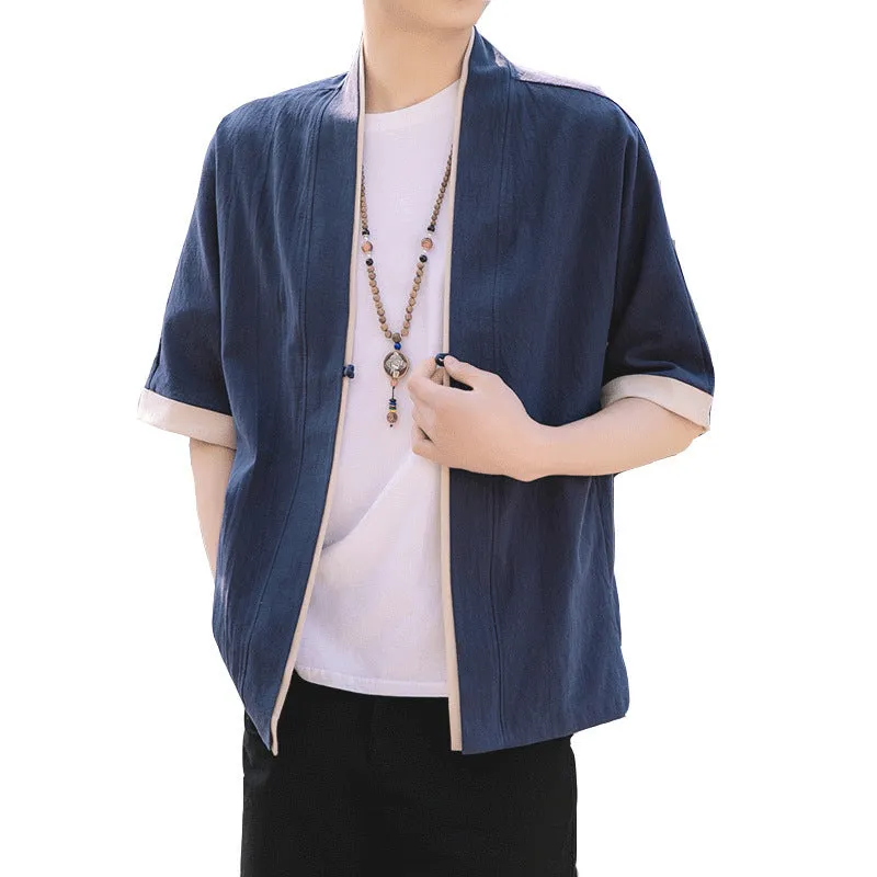Women's loose-fit buckle cardigan robe kimono in black, Chinese style short sleeves lapel collar