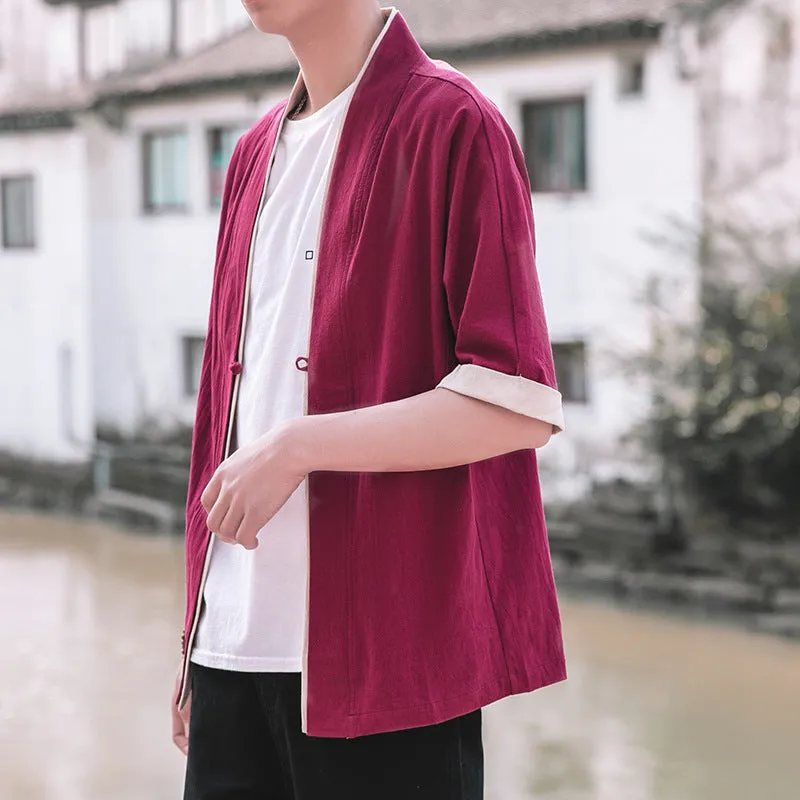 Women's loose-fit buckle cardigan robe kimono in black, Chinese style short sleeves lapel collar