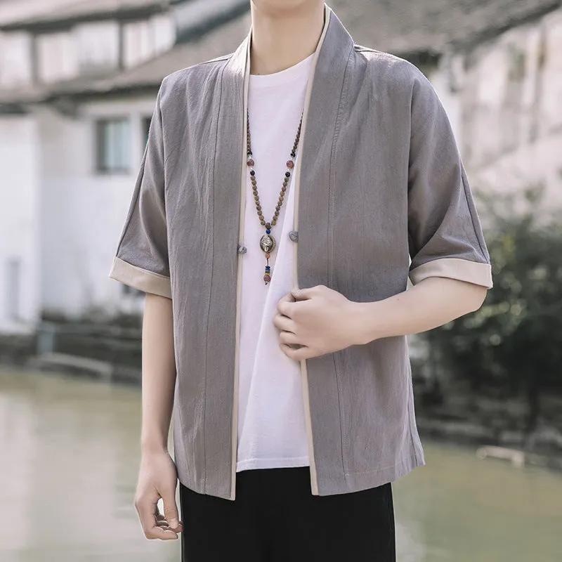 Women's loose-fit buckle cardigan robe kimono in black, Chinese style short sleeves lapel collar