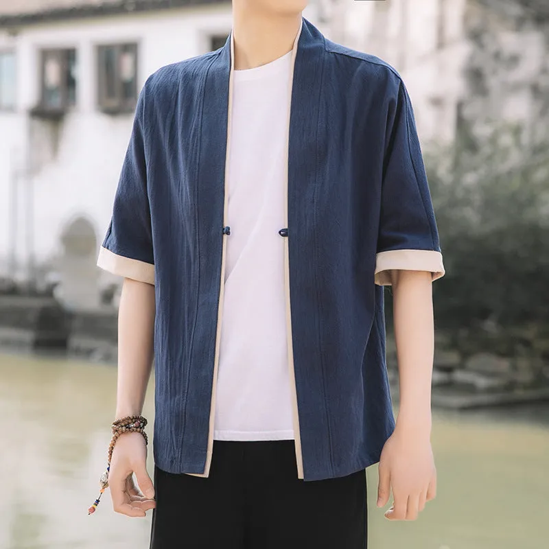 Women's loose-fit buckle cardigan robe kimono in black, Chinese style short sleeves lapel collar