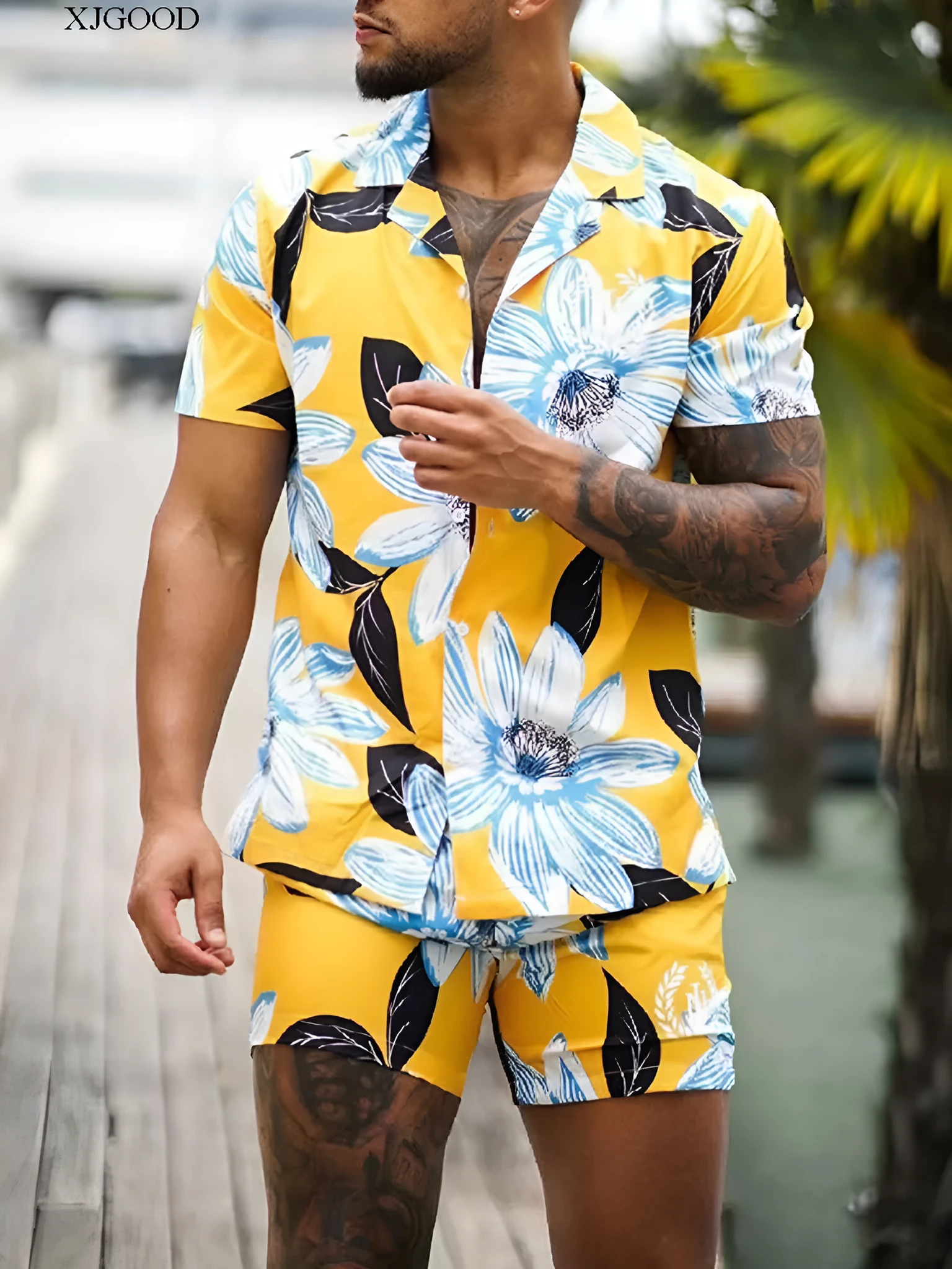 Men's Hawaiian floral two-piece set in polyester with tropical print, sizes S to 5XL