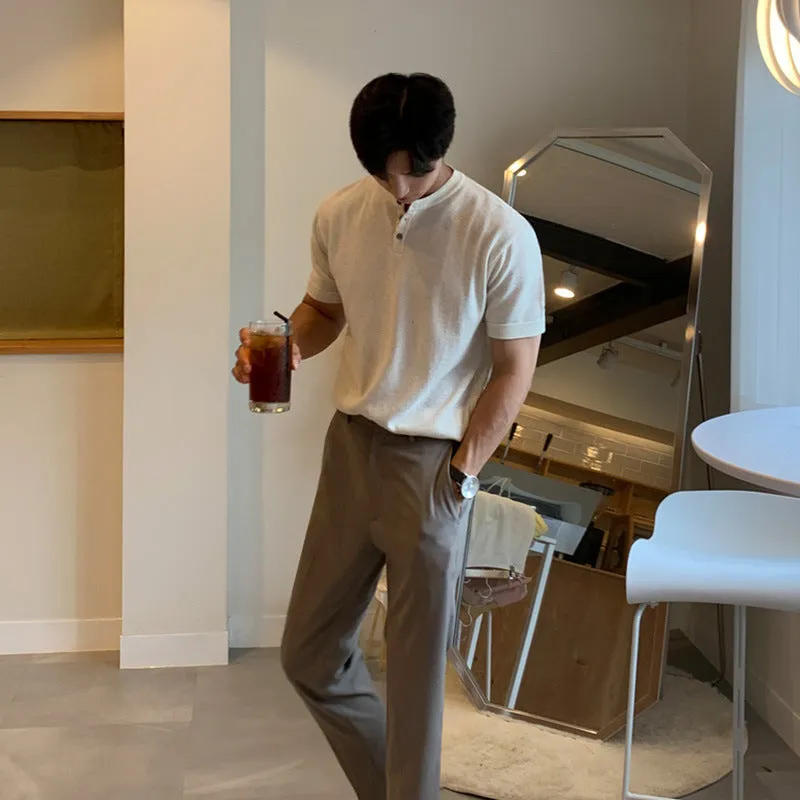 Men's thin ice silk knitted short-sleeved shirt in slim-fit style available in black, khaki, and white colours