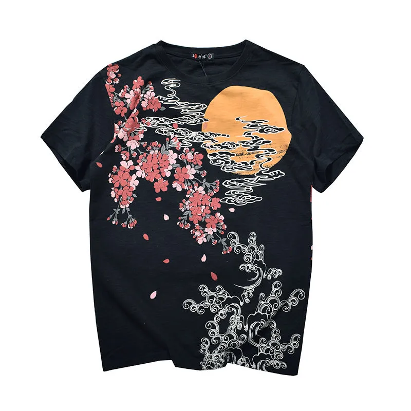 Embroidered men's cotton T-shirt with crew neck and short sleeves in Black, front view