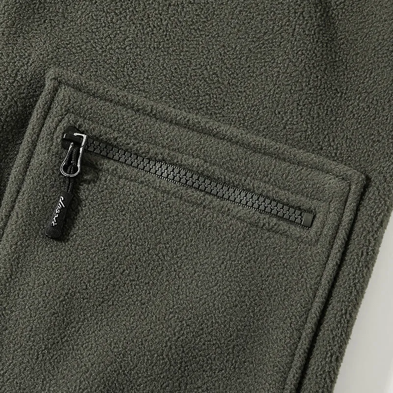 Men's fleece-lined thickened lamb wool fleece jacket cardigan in army green, loose fit, zip front, polar fleece fabric