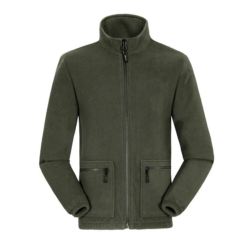 Men's fleece-lined thickened lamb wool fleece jacket cardigan in army green, loose fit, zip front, polar fleece fabric