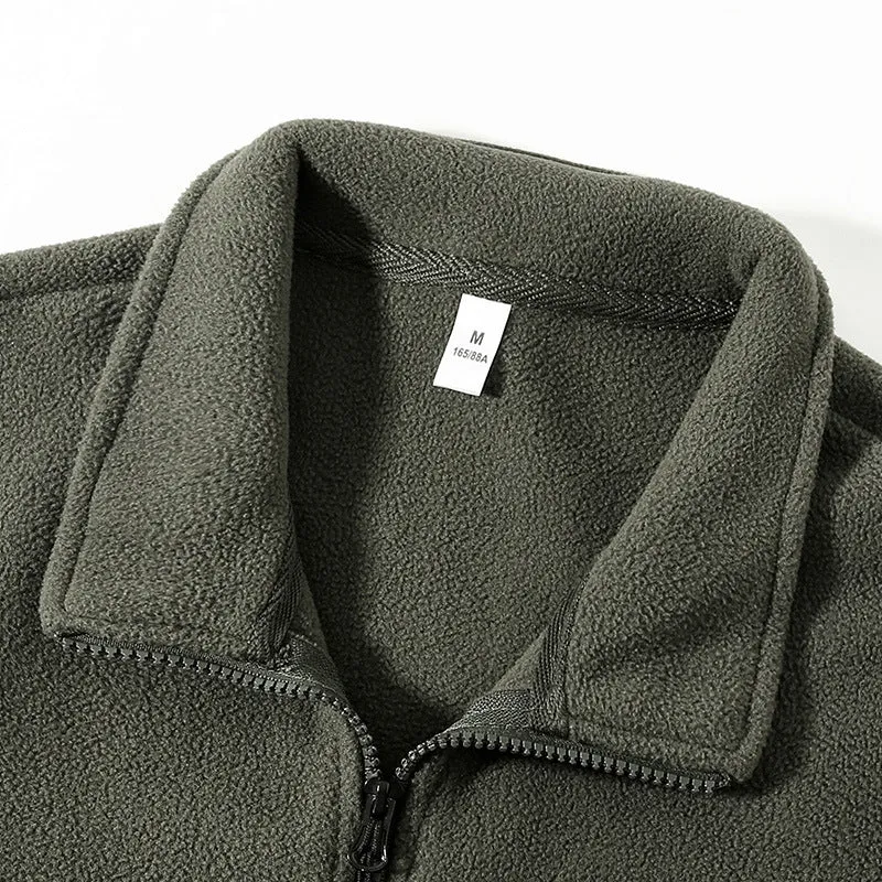 Men's fleece-lined thickened lamb wool fleece jacket cardigan in army green, loose fit, zip front, polar fleece fabric