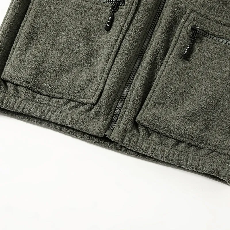Men's fleece-lined thickened lamb wool fleece jacket cardigan in army green, loose fit, zip front, polar fleece fabric
