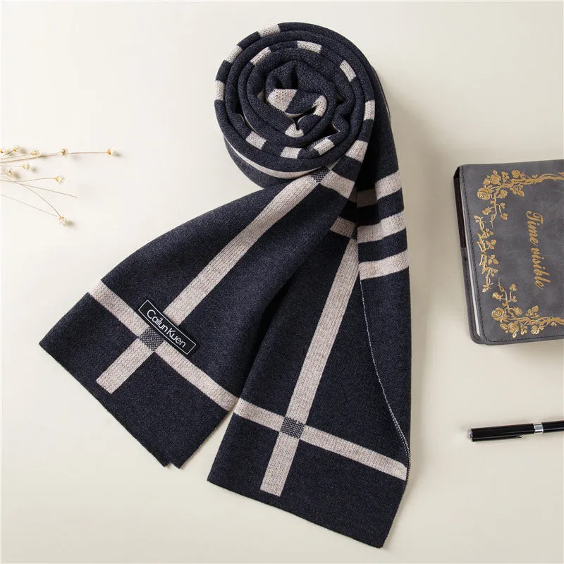 Men's wool knitted scarf with lattice pattern 180cm length 30cm width winter wrap