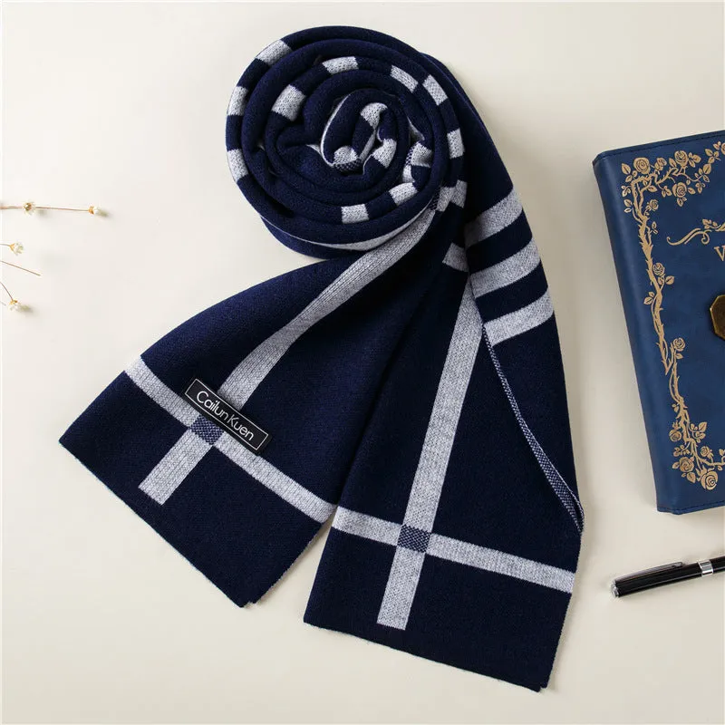 Men's wool knitted scarf with lattice pattern 180cm length 30cm width winter wrap