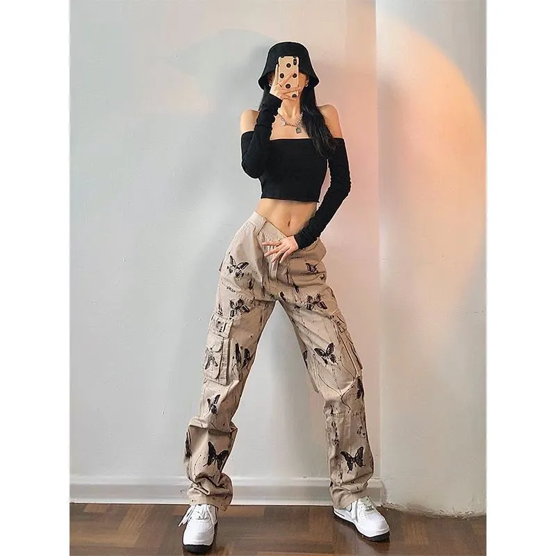 Y2k splattered ink tie-dye butterfly tooling pants women grey polyester drawstring waist loose fit trousers