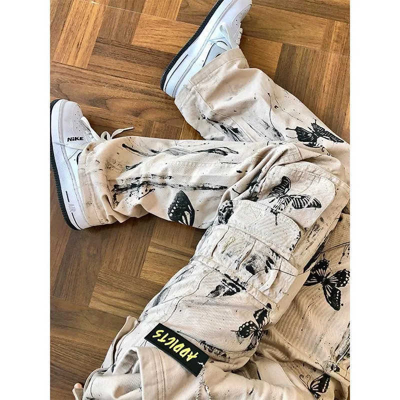 Y2k splattered ink tie-dye butterfly tooling pants women grey polyester drawstring waist loose fit trousers