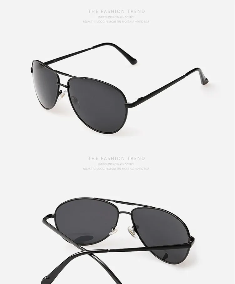 Metal frame polarised sunglasses in gun grey, 60mm lens width, temple length 140mm, for driving and travel