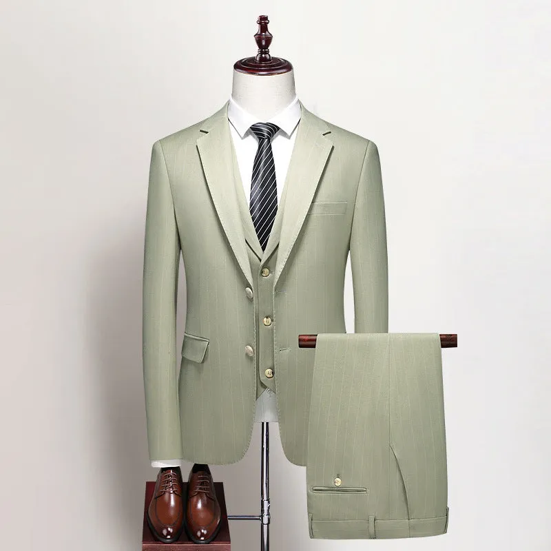 Men's three-piece light green business suit set with jacket, vest, and trousers, semi-hemp lining, flat collar