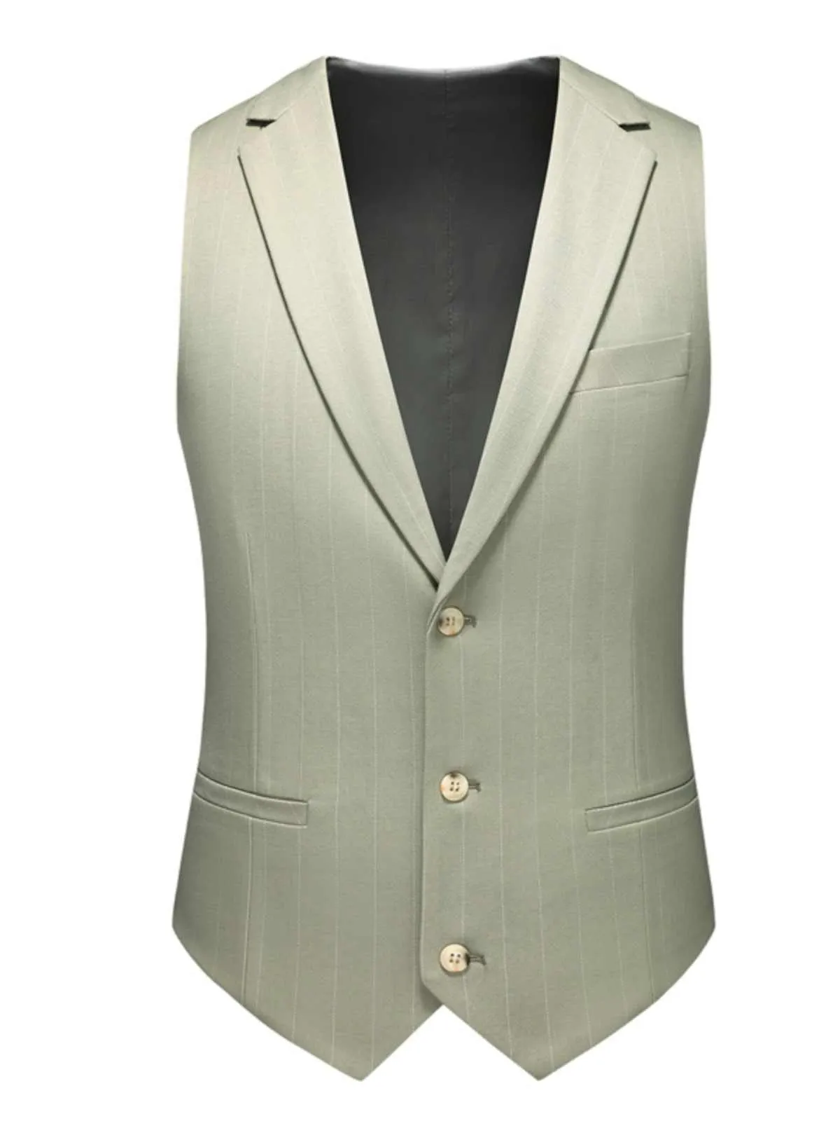 Men's three-piece light green business suit set with jacket, vest, and trousers, semi-hemp lining, flat collar