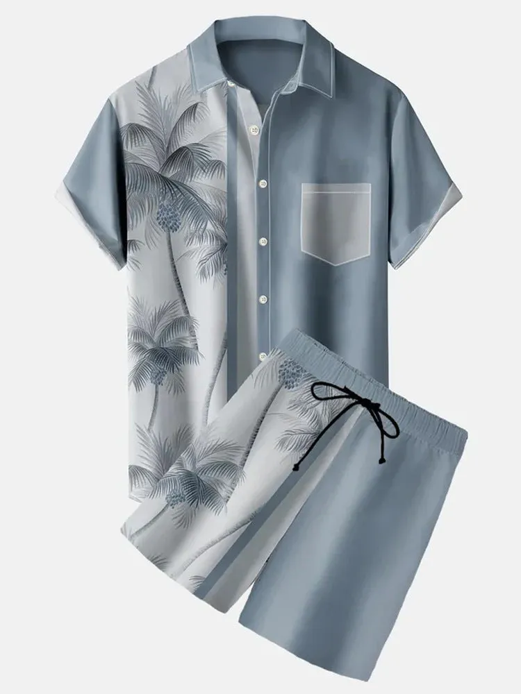 Men's 3D printed lapel slim-fit short sleeve shirt and shorts outfit in polyester fibre, shown in colour option 01, on a model.