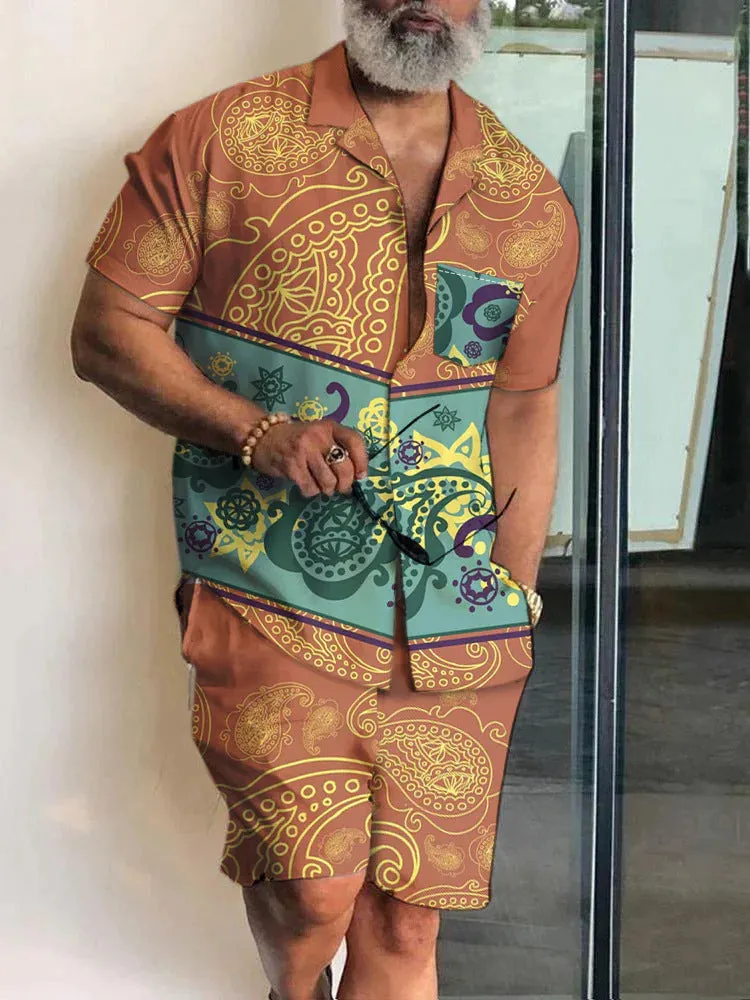 Men's 3D printed lapel slim-fit short sleeve shirt and shorts outfit in polyester fibre, shown in colour option 01, on a model.