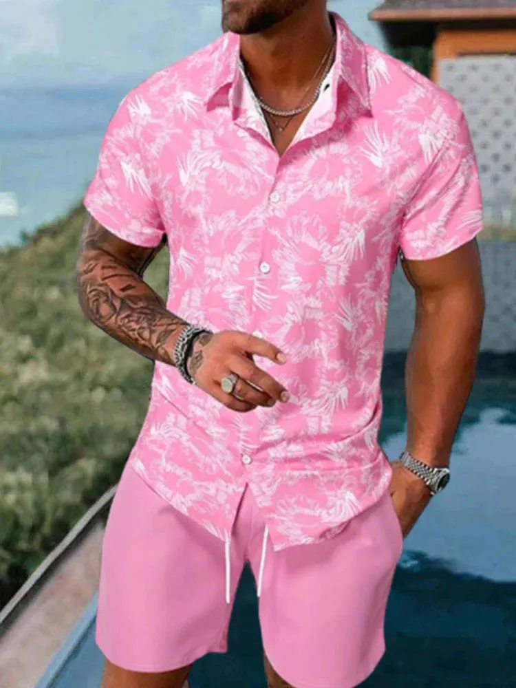 Men's 3D printed lapel slim-fit short sleeve shirt and shorts outfit in polyester fibre, shown in colour option 01, on a model.