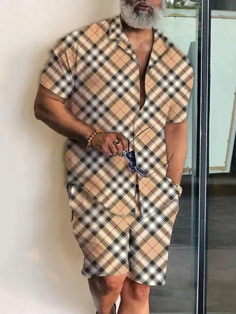 Men's 3D printed lapel slim-fit short sleeve shirt and shorts outfit in polyester fibre, shown in colour option 01, on a model.