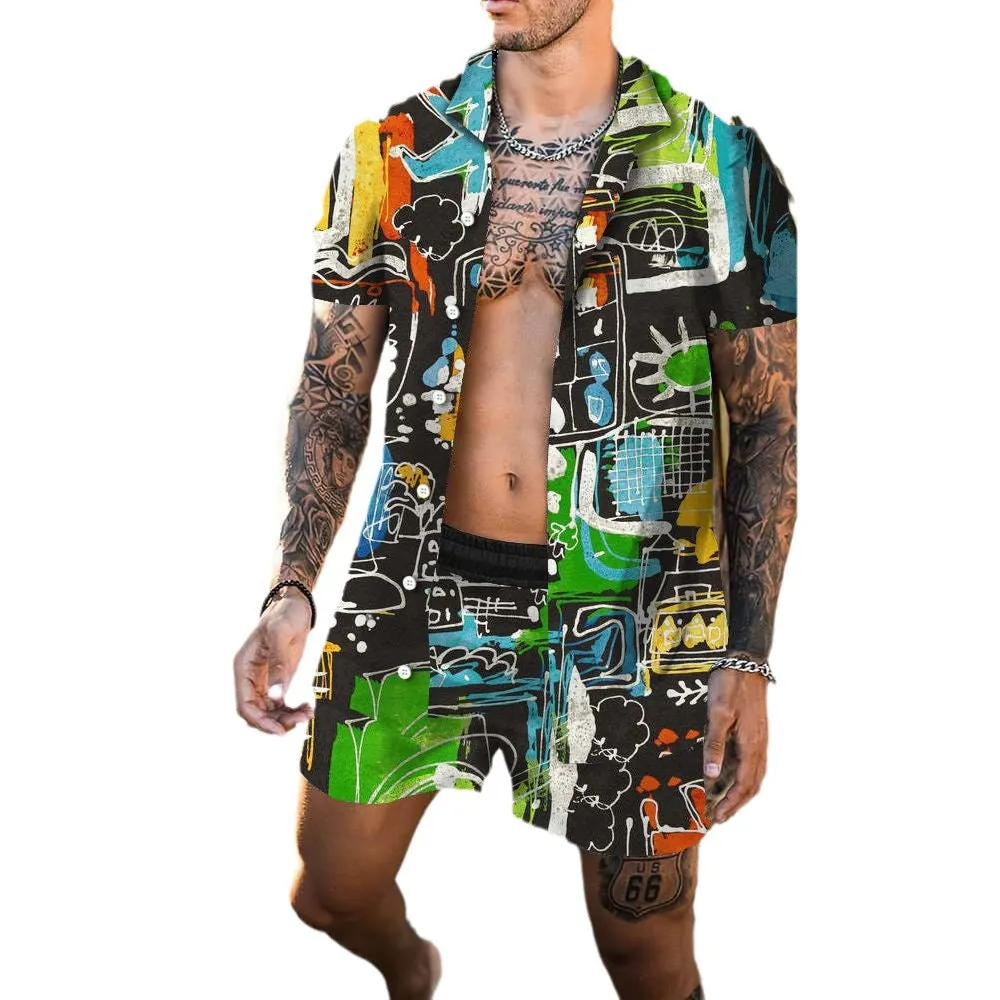Men's 3D printed lapel slim-fit short sleeve shirt and shorts outfit in polyester fibre, shown in colour option 01, on a model.